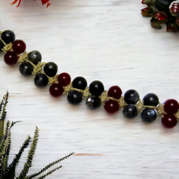 NEW Handmade Double Snake Necklace. Gray Labradorite &Red Agate Gemstone Bead - Picture 5 of 7